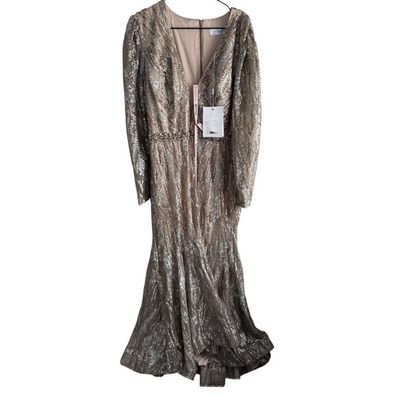 Mac Duggal Embellished Long Sleeve Plunge Neck Gown 79358 Gold Formal 16 - Picture 6 of 16